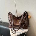Deep brown oversized tote bag in glossy leather with contrast stitching and silver buckles - Coffee with Pendant