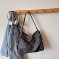 Retro dark grey canvas tote bag with brown leather straps and vintage metallic buckle - Black (Without Charm)