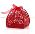 European laser-cut wedding favor box with pink rose design and elegant ribbon bow - Pearlescent Red