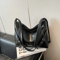 Black large tote bag with white contrast stitching and silver hardware in street style - Black without Pendant