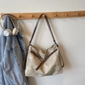 Retro beige suede tote bag with brown straps hung on a hook with a denim jacket - Off-white (No Pendant)