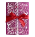 Detail of purple glitter lace laser cut wedding invitation with a red satin bow - Glitter Fuchsia