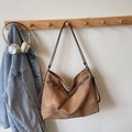 Vintage brown suede tote bag featuring matte texture and stylish metal buckle details - Brown (Without Pendant)