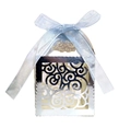 Elegant hollow silver gift box with intricate laser-cut patterns and a blue silk ribbon - Reflective Silver