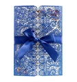 Macro detail of laser-cut blue glitter invitation with lace patterns and satin ribbon - Glitter Royal Blue
