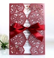 Laser-cut wedding invitation set in deep red with white floral card and satin bow - Dark Red