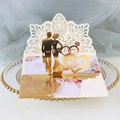 Elegant laser cut gold mirror wedding invitation with Mr and Mrs silhouette on silk - Reflective Gold