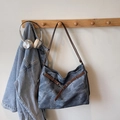 Vintage smoke gray small square tote bag with brown straps hanging on a wooden hook - Blue (Without Charm)