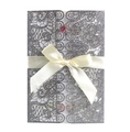 Silver glitter laser-cut lace invitation with cream silk bow and floral inner card - Glitter Charcoal Silver