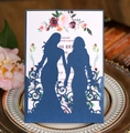 Detailed laser-cut navy blue wedding invitation sleeve with floral patterns - Magic Blue