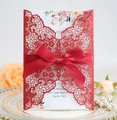 Laser cut wedding invitation in glittery red with ribbon and floral inner card - Glitter Red