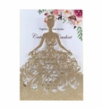 Elegante invito di nozze dorato tagliato al laser con silhouette femminile e dettagli floreali - Oro Rosa Scintillante