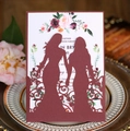 Detailed laser-cut wine red wedding invitation with two women holding hands silhouette - Dark Red