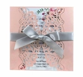 Elegant laser-cut pink wedding invitation with silver grey ribbon and floral pattern - Pink
