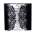 Close-up of laser-cut wedding invitation with intricate floral hollow design and insert - Black