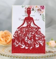 Detail of red glitter laser-cut wedding invitation with elegant female silhouette design - Glitter Red