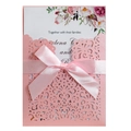 Pink laser-cut wedding invitation set with elegant floral card and satin ribbon bow - Pink