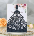 Detail of laser-cut navy glitter invitation with a ball gown silhouette and floral card - Glitter Dark Blue