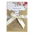 Partecipazione matrimonio laser-cut con custodia dorata, fiori e fiocco in raso crema - Beige Oro