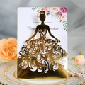 Laser-cut gold wedding invitation with bridal gown silhouette and floral inner card - Reflective Gold