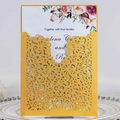Laser cut wedding invitation in bright yellow with watercolor floral inner card - Gold