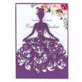 Elegante invitación boda de corte láser morado con silueta de vestido novia y floral - Púrpura oscuro