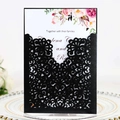 Elegant laser cut wedding invitation with black lace sleeve and pink floral insert card - Black