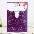 Elegant purple laser-cut wedding invitation with floral insert card and intricate patterns - Dark Purple