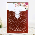 Burgundy laser-cut wedding invitation set with floral patterns and a white inner card - Dark Red