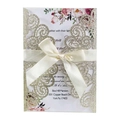 Glitter gold laser cut wedding invitation card with cream ribbon and floral insert - Cyan Gold