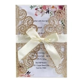 Gold glitter laser cut wedding invitation with floral insert and cream satin ribbon bow - Rose Gold