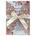 Rose gold glitter laser cut wedding invitation with floral insert and cream satin ribbon - Gold Apple