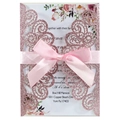 Faire-part mariage rose pailleté avec découpe laser et ruban de satin chic - Rose