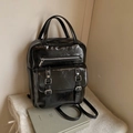 Sac à dos rétro en similicuir noir grande capacité pour femme avec boucles argentées - Noir