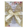 Faire-part mariage découpé au laser doré à paillettes avec insert fleuri et nœud satin - Jaune d'Or