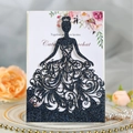 Invito a nozze blu navy glitterato con taglio laser a forma di abito e fiori - Blu Scuro Scintillante