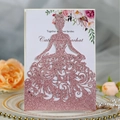 Pink glitter laser cut wedding invitation with elegant dress design and floral inner page - Glitter Pink