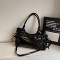 Glossy black patent leather tote bag with drawstring side details and slim shoulder straps - Black