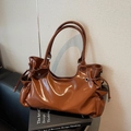 Brown glossy faux leather crossbody bag with drawstring detail and slim shoulder straps - Brown