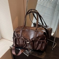 Retro tiefbraune Shopper Tasche mit Öl-Wachs-Textur und breitem Schultergurt für Damen - Braun