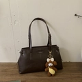 Minimalist dark brown leather tote bag with drawstrings and cute teddy bear charm accessory - Coffee with Pendant