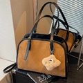 Brown quilted handbag with suede texture and a cute star-shaped plush charm - With Charm / Brown