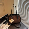 Quilted dark brown suede handbag with black leather handles and cute plush charm - With Charm / Coffee