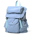 Detailansicht eines blau-grünen Nylon-Rucksacks mit mehreren Taschen und Kordelzug an der Seite - Blau