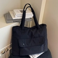 Bolso tote de lona negro grande con bolsillo con solapa y correas para uso cotidiano - Negro