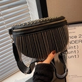 Black punk waist bag with golden rivets, metal chain tassels and wide canvas strap - Gold