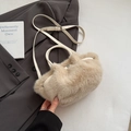 Schicke beige Plüsch-Handtasche aus Kunstfell mit Ledergriffen und verstellbarem Gurt - Ohne Anhänger / Khaki