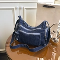 Dark blue denim crossbody bag with multi-layer zipper pockets and wide shoulder strap - Dark Blue