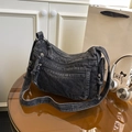 Fashionable dark grey washed denim crossbody bag with multi-zipper pockets and wide strap - Black