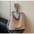 Detailansicht der goldenen Elefantenstickerei und des Webgurts an der grauen Tasche - Grau